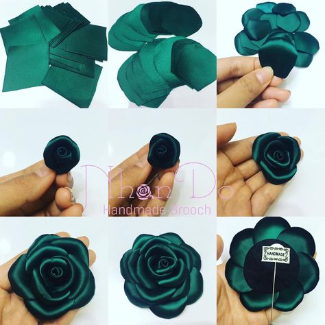 Green rose - handmade flower brooch from silk ribbon  #handmadebrooch #flowerbrooch #silkrose #handmadebroochpins #amazon #nhandohandmade #roseflowers #brooch #giftforher #giftformom #giftforteacher Satin Flowers Diy, Ribbon Flowers Bouquet, Ribbon Flowers Diy, Ribbon Flower Tutorial, Making Fabric Flowers, Ribbon Crafts Diy, Satin Ribbon Flowers, Fabric Flower Brooch, Fabric Flower Tutorial