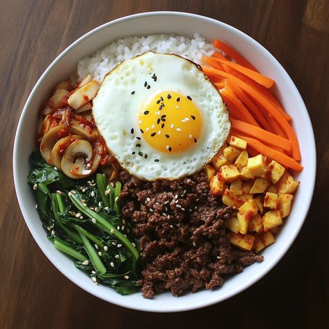 🍚 "Spicy Korean Beef Bibimbap is a vibrant, flavorful meal that's sure to satisfy with its perfect blend of spicy and savory!" 🍚🌶️ #Bibimbap #KoreanCuisine Spicy Korean Beef Bibimbap Ingredients: Ground beef (1 lb) Gochujang (3 tbsp) Soy sauce (2 tbsp) Garlic (3 cloves, minced) Sesame oil (1 tbsp) Cooked rice (2 cups) Assorted vegetables (e.g., spinach, carrots, mushrooms, 1 cup each, cooked) Egg (1, fried) Instructions: Cook ground beef with gochujang, soy sauce, garlic, and sesame oil u... Veg Kimbap Recipe, Korean Bipinbop, Bibimbap Aesthetic, Beef Bibimbap Recipe, Korean Beef Bibimbap, Beef Bibimbap, Spicy Korean Beef, Korean Night, Korean Bowl