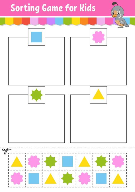 Sorting game for kids. Cut and glue. Education developing worksheet. Matching game for kids. Color activity page. Puzzle for children. Cute character. Vector illustration. cartoon style. Diy Matching Games For Preschoolers, Cut And Glue Activities For Kids, Sorting Worksheets For Preschool, Sorting Activities For Preschool, Puzzle Worksheets For Kids, Sorting Worksheet, Toddler Math, Color Activity, Color Sorting Activities