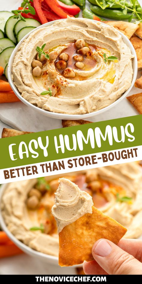 This deliciously creamy homemade Hummus is super simple to make. No need to soak the garbanzo beans overnight - just grab a few simple ingredients and your food processor, and you can pull together this tasty Mediterranean snack. Garbanzo Hummus Recipe, Garbanzo Bean Dip, Mediterranean Diet Hummus Recipe, Garbanzo Bean Dip Recipes, How To Make Homemade Hummus, Hummus Recipes Homemade, How To Make Hummus Easy, Humus Recipes Homemade, Greek Hummus Recipe