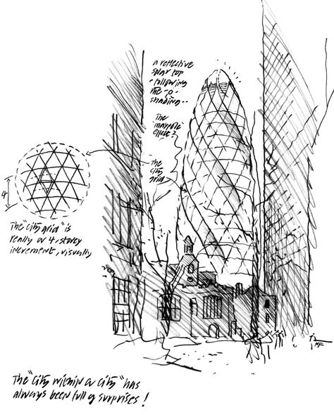 Gallery of 30 St Mary Axe Tower / Foster + Partners - 33 Croquis, Norman Foster Sketch, Archi Sketches, Norman Foster Architecture, Gherkin London, Arch Drawing, The Gherkin, Environment Sketch, Architectural Representation