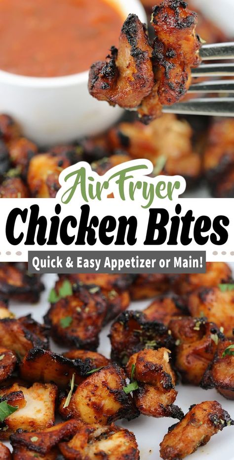 This AIR FRYER CHICKEN BITES recipe is easy to make and ready in just 20 minutes. Seasoned with herbs and spices, they are crispy even though there is no breading. Serve as an appetizer or as part of a healthy and tasty dinner. Air Fryer Chicken Bites, Healthy Air Fryer Chicken, Chicken Bites Recipe, Air Fryer Chicken Nuggets, Chicken Bites Recipes, Healthy Air Fryer, Air Fried Food, Air Fryer Oven Recipes, Air Fry Recipes