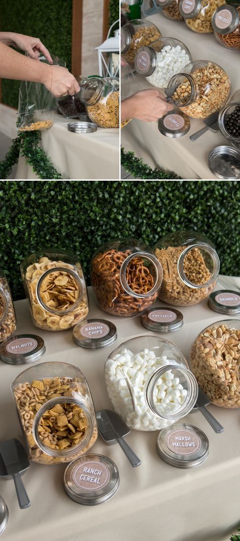 Wedding Trail Mix Bar, Diy Trail Mix Bar, Trail Mix Bar, Diy Wedding Food, Rustic Wedding Decor Diy, Wedding Food Stations, Wedding Snacks, Whimsical Wedding Decorations, Wedding Favors And Gifts