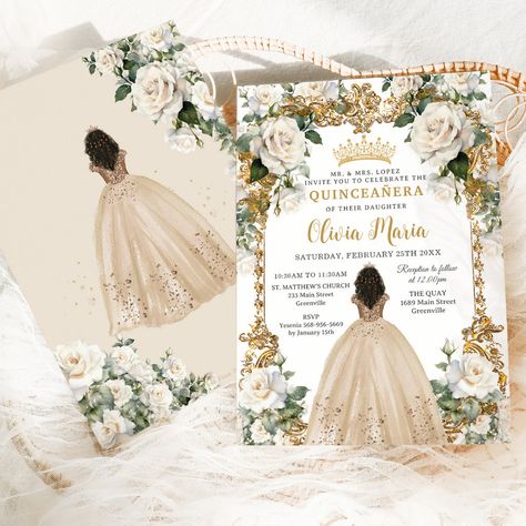 Champagne Invitations Quinceanera, Gold Quince Invitations, White Quinceanera Theme, Champagne Quinceanera Theme, Quinceanera Themes Ideas, Xv Invitations, Quince Invites, Enchanted Forest Quinceanera Theme, Enchanted Forest Quinceanera