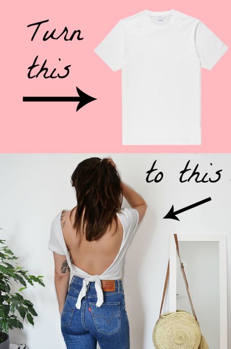 Turn a plain T-Shirt into a cute backless top. Video tutorial --> Turn your old boring T-Shirts into stylish pieces that are perfect for the upcoming summer months. it can be so easy to refresh some of your vintage T-Shirts into cute backless cut-out or distressed Tees. Get your scissors ready for some refashion projects and 2018 clothing hacks. #refashion #upcycle #oldclothes Open Back Tshirt Diy, Backless T Shirt Diy, How To Turn A Plain T Shirt Cute, T Shirt Cuts Diy, Diy Backless Tshirt, Diy Open Back Shirt No Sew, How To Make A Plain T Shirt Cute, Cut T Shirts Diy, How To Cut Shirts Diy Tutorials