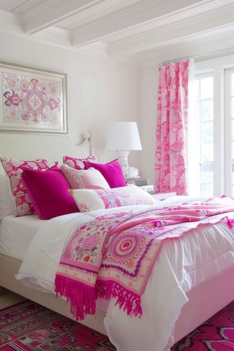 Pink White Bedroom Ideas, Purple And Pink Bedroom Ideas, Pink Bedroom Ideas For Women, Hot Pink Bedroom Decor, Pink White Bedroom, Pink Bedroom Inspirations, Hot Pink Bedroom, Hot Pink Bedrooms, Bedroom Ideas For Women