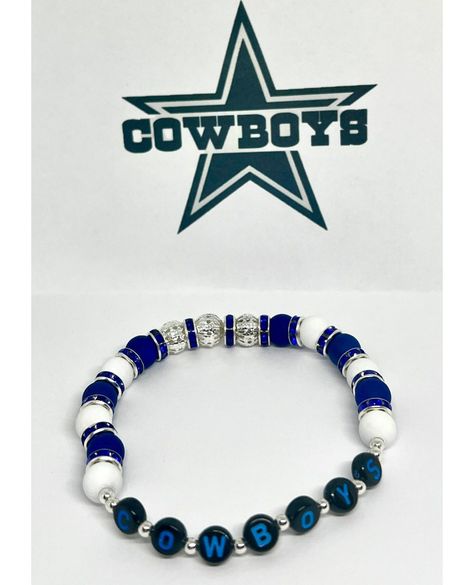 Experience awesomeness! Introducing Dallas Cowboy Football Bead Bracelets - Handcrafted Fan Accessories, available now at an amazing price of $10.00 #SportsJewelry #DallasCowboys #AcrylicBeads #StretchyBeads #SilverFiligreeBead #PolymerClayBeads #TeamSpirit #BlueWhiteSilver #TexasBracelets #FashionJewelry Cowboy Football, Dallas Cowboy, Sports Jewelry, Dallas Cowboys Football, Cowboys Football, Fan Accessories, Bead Bracelets, Polymer Clay Beads, Silver Filigree