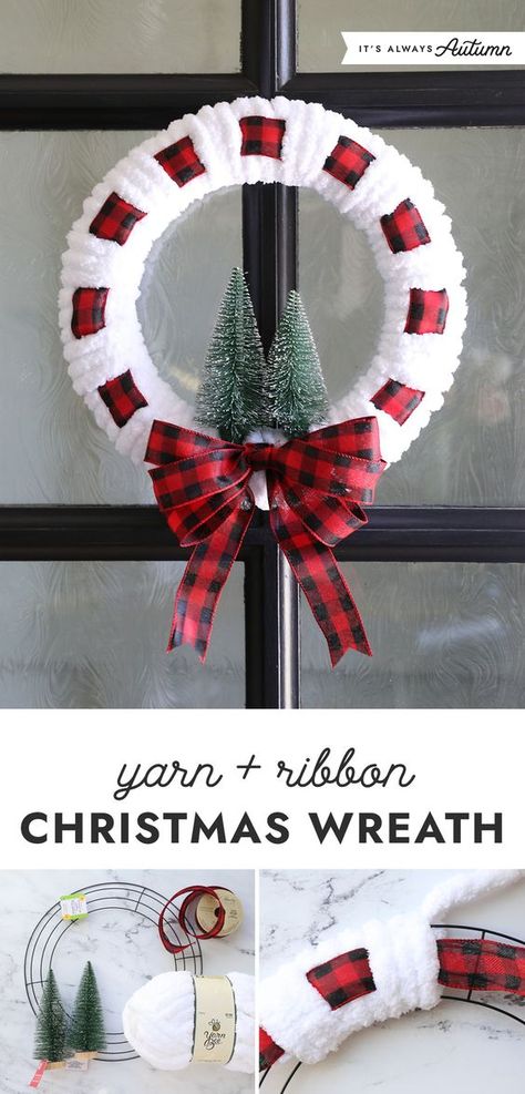 Non Wired Ribbon Wreath, Crochet Xmas Wreaths, Wreath Made From Scarves, Ribbon Wreaths Christmas, Dollar Tree Metal Wreath Diy, Fleece Wreath Diy, Christmas Wreath With Yarn, Wreaths Made With Yarn, Crafts Using Chunky Yarn