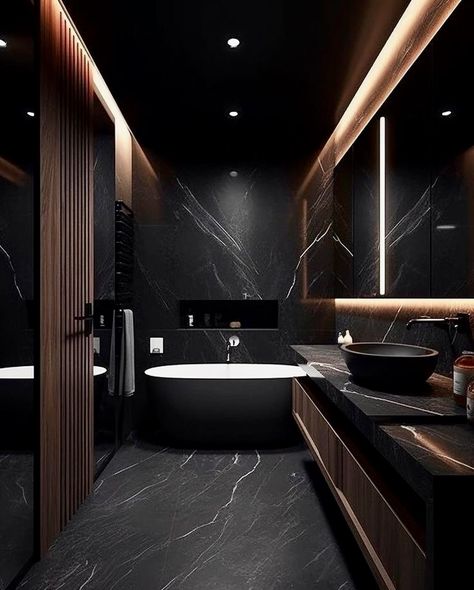 Moody Spa, Dark Bathroom Decor, Black Bathroom Paint, All Black Bathroom, Black Modern Bathroom, Black Marble Bathroom, Bathroom Interior Design Luxury, Black Tile Bathrooms, Modern Black Bathroom