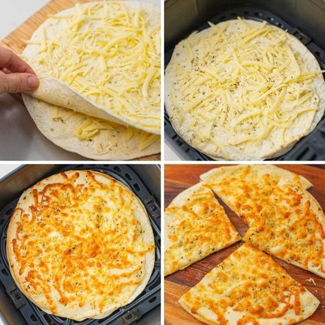 Air Fryer Tortilla Garlic Bread Easy Air Fryer Recipes With Tortillas, Air Fryer Garlic Cheese Tortilla, Cheesy Garlic Bread In Air Fryer, Airfryer Tortilla Garlic Bread, Tortilla Wrap Garlic Bread, Air Fryer Cheese Tortilla, Tortilla Garlic Bread Air Fryer, Air Fryer Garlic Toast Pizza, Flour Tortilla Garlic Bread