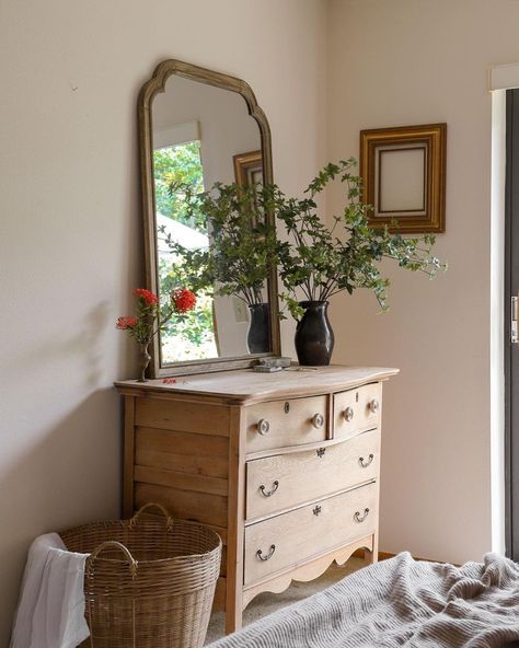 HOME INSPO • Instagram Aesthetic Bedroom Dresser, Antique Home Aesthetic, Cottage Core Entryway, House Manifestation, Dresser Styling, 19 Month Old, Morgan Lane, Thrifted Home, Cottage Life