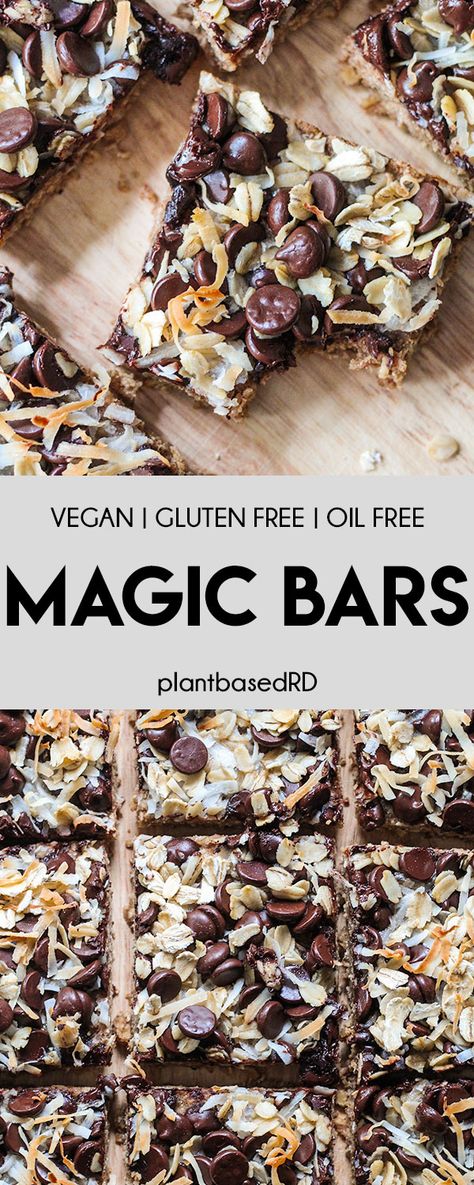 Magic Bars (vegan | gluten free | oil free) - Plant Based RD Vegan Granola Bars, Magic Bars Recipe, Magic Bars, Dairy Free Chocolate Chips, Vegan Snack, Healthy Vegan Desserts, Dessert Bar Recipe, Gluten Free Bakery, Desserts Vegan