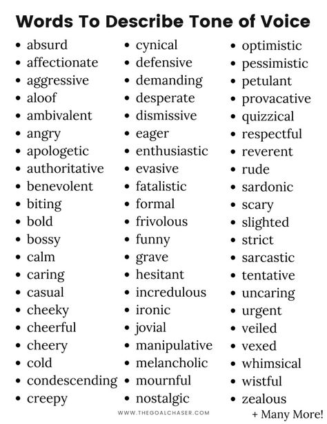 List of words to describe tone of voice Different Voice Tones, Describing Tone Of Voice, Voice Tones In Writing, Describing A Voice, How To Describe Someone's Voice, Voice Description Words, Words To Describe Taste, Tones Of Voice Writing, Ways To Describe Personality