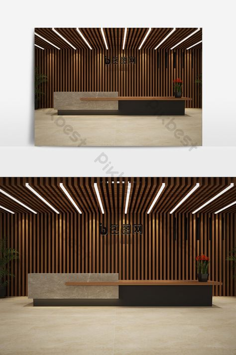 industrial style office reception area front desk Front Desk Lighting, Info Desk Design, Recepsionis Design, Industrial Front Desk, Hotel Counter Design, Reception Counter Design Ideas, Reception Counter Ideas, Industrial Reception Area, Reseption Zone Design