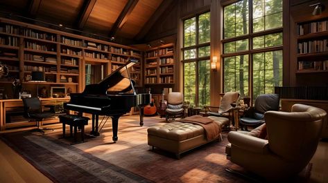 Taylor Swift's House in Watch Hill | Omni Home Ideas Piano Aesthetic Living Rooms, Library And Piano Room, Grand Piano In House, Music Room Library Study, Home Piano Room, Grand Piano Room Luxury, Piano In Library, Taylor Swift House Interior, Dark Music Room