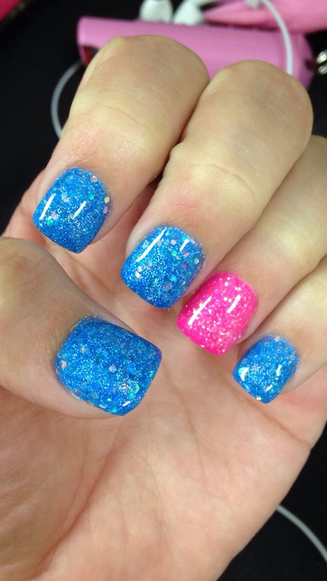 Neon Pink And Glitter Nails, Gel Acrylic Nails Square, Easter Dipped Nails, Blue Dipped Nails Ideas, Pink And Blue Acrylics, Easter Nails Acrylic Square, Blue And Pink Gel Nails, Pink And Blue Nails Short, Neon Pink And Blue Nails