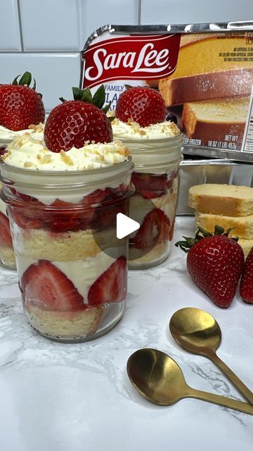 Dipped Tampa on Instagram: "#SaraLeePartner No-Bake Strawberry Shortcake Trifle Cups with only 6 ingredients! The perfect dessert for family weeknights together or even to make ahead for all your summer gatherings.   Using @saraleedesserts Pound Cake simplifies this recipe, as it requires no baking and tastes delicious—a win-win! You can find it in the freezer section at @walmart , and it’s on rollback until July 8th! So it’s the perfect time to stock up.   Ingredients:  1 box Vanilla instant pudding mix  3 cups whole milk  8oz whipped topping  1 lb fresh strawberries  1 tbsp sugar  1 package Sara Lee Pound Cake   #strawberryshortcake #trifle #summerdesserts #saraleepoundcake #easydesserts #summerrecipes" Strawberry Shortcake Trifle Cups, Strawberry Shortcake Jars, Pound Cake And Strawberries Dessert, Dessert Recipes Using Sara Lee Pound Cake, Single Serving Desserts For Party, Strawberry Treat Table, Frozen Pound Cake Desserts, Strawberry Shortcake With Pound Cake, Easy Desserts With Pudding