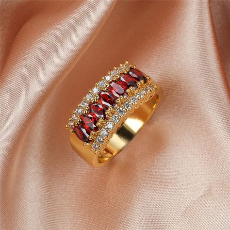 Ruby Birthstone Ring, Garnet Birthstone, Ring Settings Types, Ruby Birthstone, Color Wedding, Trendy Ring, Red Ruby, Red Crystals, Crystal Stone