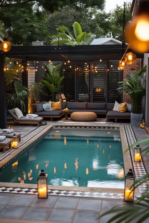 Big Pool Small Backyard, Small Pool In Small Backyard, Backyard Ideas With Small Pool, Swimming Pool Area Decor, Tiny House Patio Outdoor Spaces, Small Square Pool Design, Swimming Spa Backyard Ideas, Swimming Pool Small Backyard, Small Pool Area Ideas Backyard