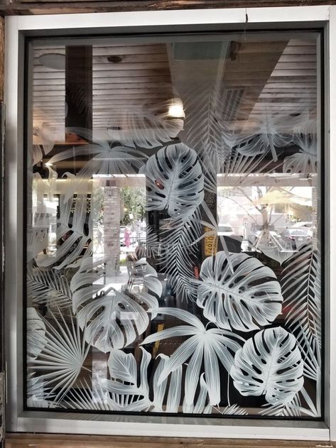 Boutique Store Front Window Ideas, Window Etching Designs, Restaurant Glass Sticker Design, Privacy Glass Ideas, Cafe Glass Design, Restaurant Window Design, Tropical Window Film, Window Glass Etching Designs, Glass Etching Design