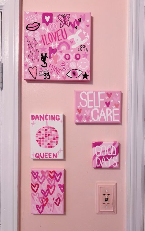 acryllic canvas paintings diy pink hot pink light pink mamma mia hearts self care evil eye smiley lightning bolt preppy aesthetic Preppy Canvas Paintings, Art Small Canvas, Pink Mamma, Pink Canvas Art, Small Canvas Paintings, Cute Canvas Paintings, Pink Painting, Easy Canvas Art, Canvas Painting Designs