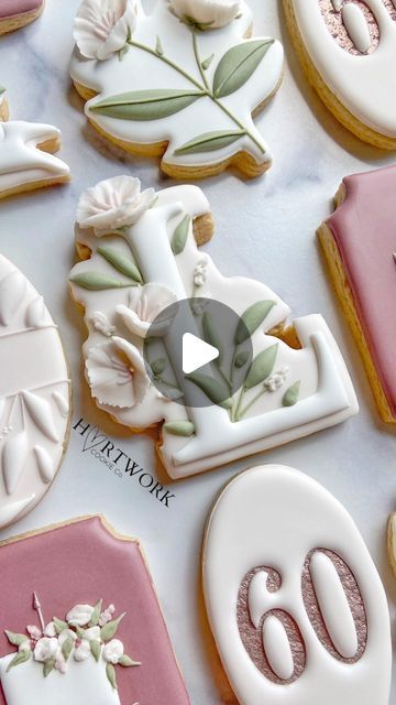 Jessica on Instagram: "🌸Okay, last floral design from the 60th birthday set of cookies. I had plans to deviate and incorporate different types of florals throughout this order—- but I clearly enjoyed this design and decided not to over complicate things (a rarity 😅). I kept these cookies super neat and clean to try and match the birthday lady’s fun and elegant personality, and it resulted in such a cohesive set that I positively adore! Side note - I’m a little picky when it comes to cookie cutters, and @6bittersweets gets it! Her collection of letter cutters is perfect! The floral and greenery embellishments are so perfectly placed and maintain the integrity of delicate and slender letters, like this letter “L.” 10/10 recommend. 💯 . . . . . . . #cookies #sugarcookies #sugarcookiesofinst 60th Cookies Birthday, Elegant Cookies Decorated, Elegant 60th Birthday Cake For Ladies, 60th Cookies, 60th Birthday Cookies For Ladies, 60 Birthday Cookies, Letter Cookies Decorated, 60th Birthday Cake For Ladies, 60th Birthday Cookies