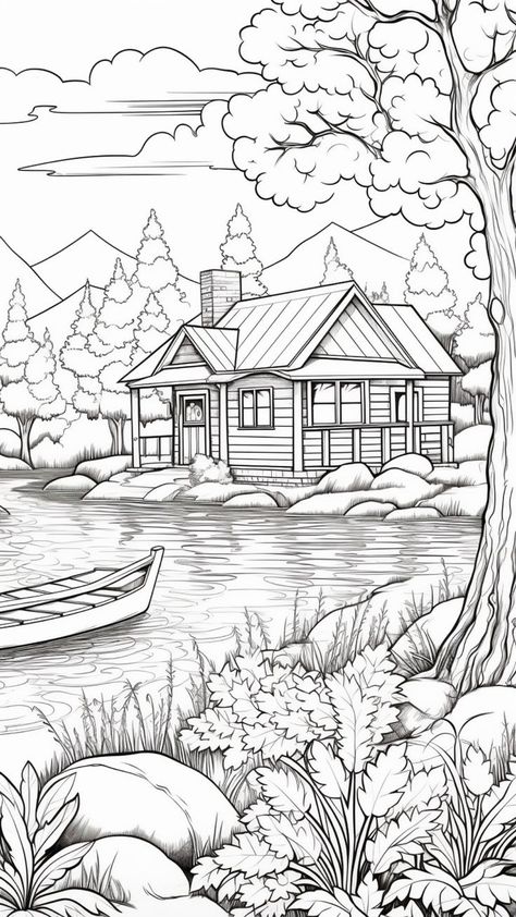 Fall Coloring Pages For Adults, Free Adult Coloring Printables, Coloring Pages Nature, Adult Coloring Books Printables, Fall Coloring, Adult Colouring Printables, Abstract Coloring Pages, House Colouring Pages, Autumn Lake