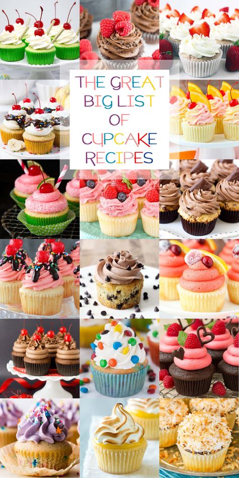 The Great Big List of Cupcake Recipes – a sweet collection of 200 delectable cupcakes that you’ll want to bake and shovel into your mouth. The Best Cupcakes Recipe, Pastry Baking Recipes, Cupcake Combinations Ideas, Cupcake Recipes Flavor, Mini Cupcakes Ideas For Wedding, Spring Inspired Cupcakes, Elegant Cupcake Recipes, Specialty Cupcakes Ideas, Different Cupcake Recipes