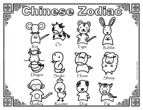 Cartoon-style drawings of zodiac animals Site has 6 different designs that you can print for kids to color for Chinese New Year and other Chinese holiday celebrations. A quick and easy craft. Works for kids in preschool and elementary. Chinese New Year, Spring Festival, Lunar New Year, zodiac animals, coloring pages, children, crafts, simple craft ideas, printables, diversity, multicultural, Asian, rat, tiger, ox, rabbit, dragon, sheep, goat, monkey, rooster, dog, pig, snake, horse Zodiac Coloring Pages, Chinese Zodiac Rat, Prek Activities, Monkey Coloring Pages, Chinese New Year Zodiac, Snake Coloring Pages, Crafts Simple, Turtle Coloring Pages, Zodiac Animals