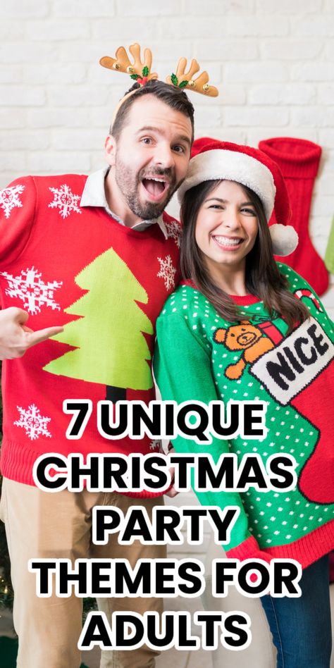 unique christmas party theme with ugly christmas sweaters Xmas Theme Outfits, Christmas Themed 30th Birthday, Holiday Theme Party Outfit, Costume Christmas Party, Xmas Party Ideas For Adults, Outside Christmas Party Ideas, Mad For Plaid Christmas Party, Christmas Party Themes For Adults Work, Group Christmas Dress Up Ideas