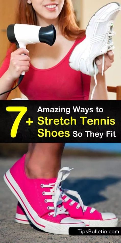 Here are tips for stretching tight shoes to prevent blisters and bunions. Instead of visiting the cobbler, widen the toe box of your leather shoes with a hair dryer and a thick pair of socks or stretch your canvas shoes by freezing a bag of water. #shoes #stretchshoes #stretchtennisshoes #tennis How To Style Running Shoes Outfits, Shoe Stretching Diy, Stretch Shoes Out, Tight Shoes Hack, Stretching Shoes How To, How To Stretch Out Shoes, Stretch Out Shoes, Stretching Shoes, Running Shoes Outfit