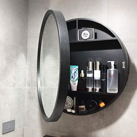 Bathroom Mirror Cabinet, Solid Wood, Round Bathroom Cabinet with Mirror, Sliding Door, Mirror Cabinet for Bathroom, Bedroom, Living Room Decoration : Amazon.de: Home & Kitchen Round Medicine Cabinet, Bathroom Cabinet With Mirror, Mirror Sliding, Black Bathroom Mirror, Cabinet For Bathroom, Wood Medicine Cabinets, Bathroom Mirror Storage, Bathroom Mirror With Shelf, Bathroom Space Saver