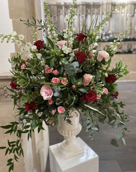 Red And White Urn Arrangement, Large Pink Centerpieces, Large Valentine Flower Arrangements, February Flower Arrangements For Church, Red Rose Arrangements Floral Design, Red Flower Arrangements Wedding, Red Rose Floral Arrangements, Red And Pink Flower Arrangements, Red And White Flower Arrangements