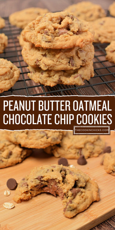 Who doesn't love treats? These Peanut Butter Oatmeal Chocolate Chip Cookies is a great treat and fun after school snack for kids. The delight combination of simple ingredients on this flavor packed cookie treat is best for easy back to school recipes. Peanut Butter Oatmeal Chocolate Chip, Peanut Butter Oatmeal Chocolate Chip Cookies, Banana Breakfast Cookie, The Cookin Chicks, Butter Oatmeal Cookies, Chocolate Peanut Butter Desserts, Best Christmas Cookie Recipe, Decadent Chocolate Desserts, Rolled Sugar Cookies