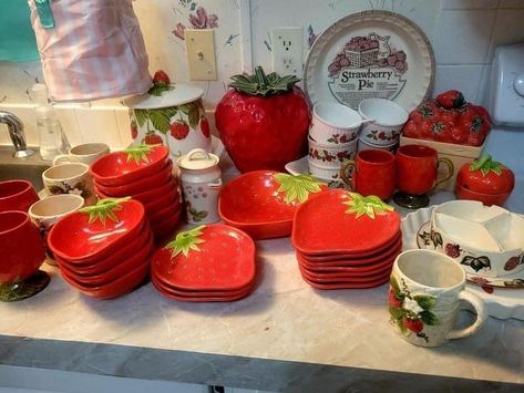 Cottage Themed Kitchen, Strawberry Dishes Set, Strawberry Side Table, Strawberry Interior Design, Strawberry Shortcake Kitchen Decor, Strawberry Aesthetic Room, Strawberry Tea Set, Food Themed Kitchen Decor, Strawberry Living Room