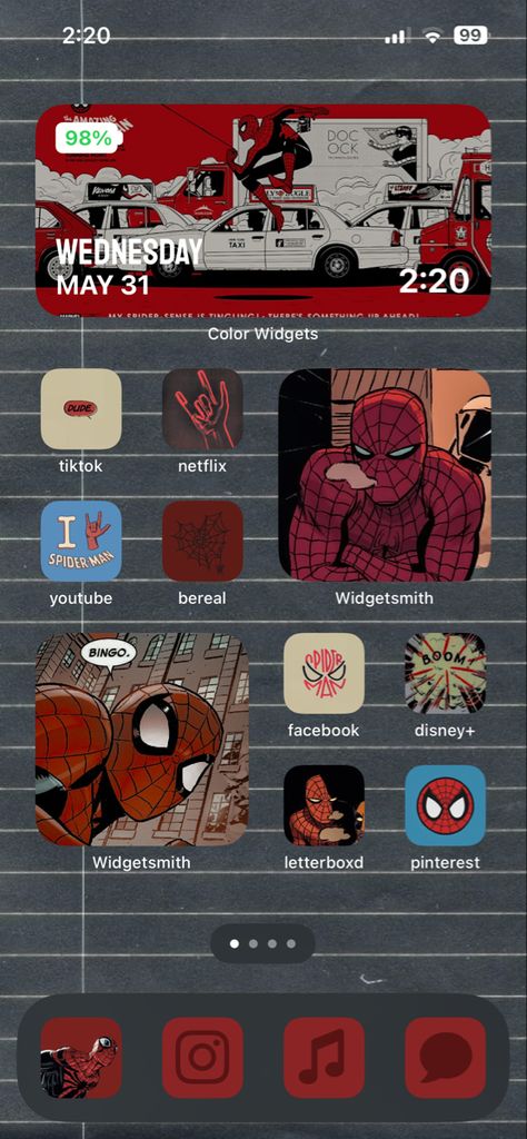 Miles Morales Themed Phone, Spiderpunk Phone Theme, Phone Layout Ideas Spiderman, Spiderman Ios Layout, Spiderman Phone Theme Miles, Spiderman Home, Iphone Home Screen Layout, Homescreen Layout, Iphone App Design