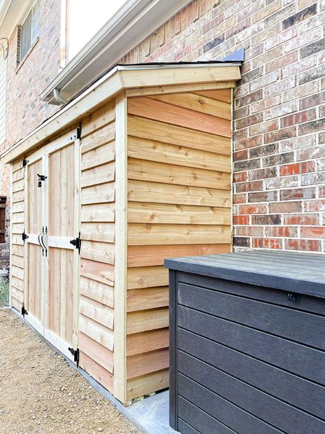 Our lean to DIY Cedar Garden Shed for landscaping storage in our backyard. 2 Sheds In Backyard, Shed Small Backyard, Shed Connected To House, Side Yard Storage Shed, Surf Shed Ideas, Outdoor Closet Ideas, Workshop Shed Ideas, Diy Lean To Shed Against House, Gardening Storage Ideas