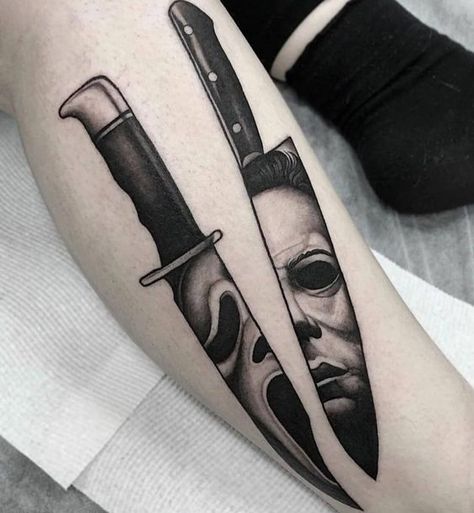 Michael Myers Knife Tattoo, Horror Reference, G59 Tattoos, Michael Myers Tattoo, Tattoo After Care, Courage Tattoos, Tattoo Ideas Unique, Emo Tattoos, Horror Movie Tattoos