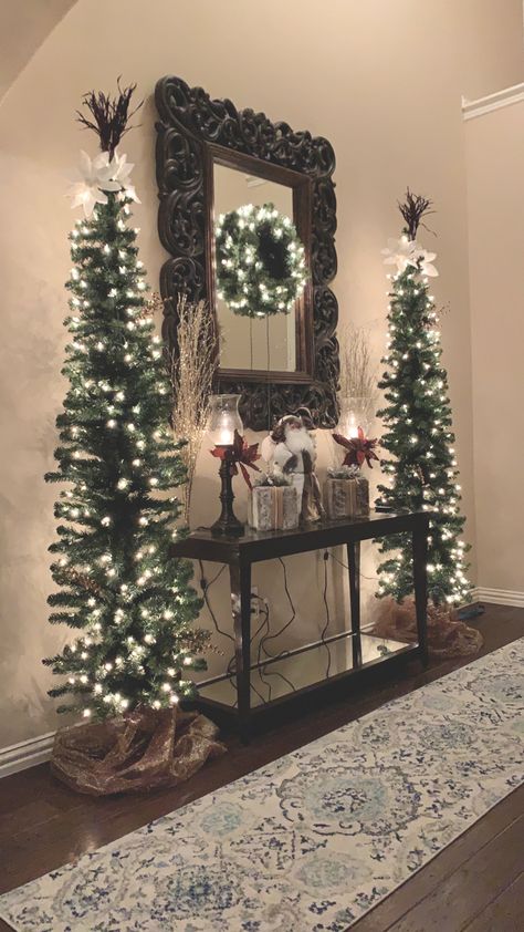 Cheap Christmas Decor Ideas For The Home, Sideboard Buffet Christmas Decor, Western Flocked Christmas Tree, Christmas Decor Large Space, How To Decorate A Hallway For Christmas, Neutral Living Room Christmas Decor, Xmas Foyer Decorating Ideas, Farmhouse Chic Christmas Tree, Rustic Xmas Tree Ideas