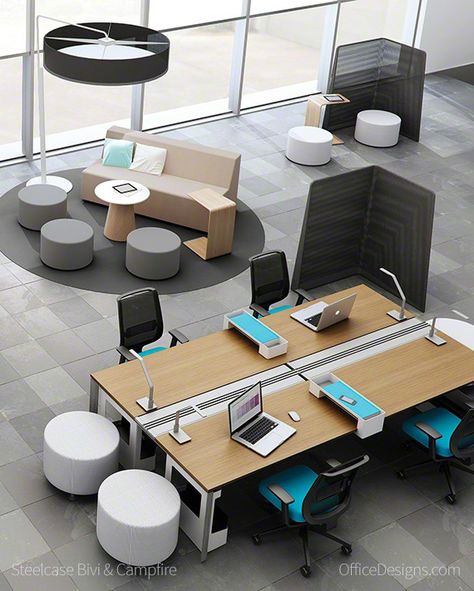 Pour les suggestions de dispositions de place d'échange et de travail. Have you seen the Turnstone Campfire collection from Steelcase? Trick question, you're looking at it right now. Trick Question, Open Office Design, Startup Office, Open Space Office, Office Design Inspiration, Modern Office Space, Corporate Office Design, Office Plan, Office Space Design