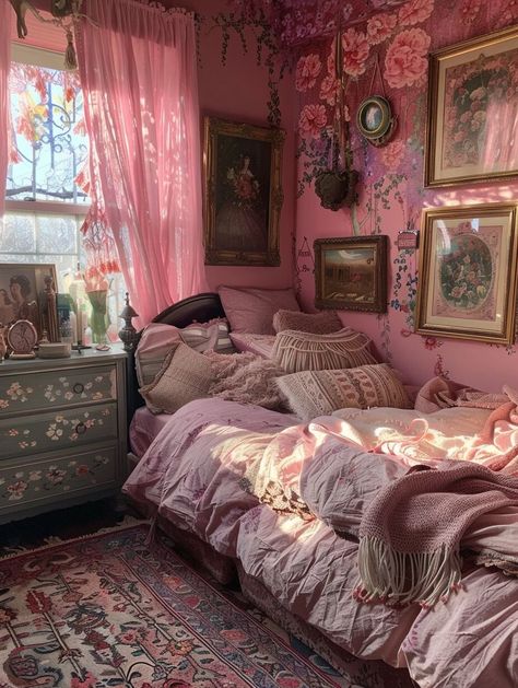 30 Bohemian Bedroom Inspirations for a Whimsical Rest - Home Made Graceful Whimsigoth Small Bedroom, Detailed Room Decor, One Room Home Design, Purple Shabby Chic Bedroom, Bedroom Ideas For Small Rooms Vintage, Rooms Inspo Aesthetic, Gypsycore Bedroom, Bohemian Daybed Room Ideas, Aesthetic Bedroom Maximalist