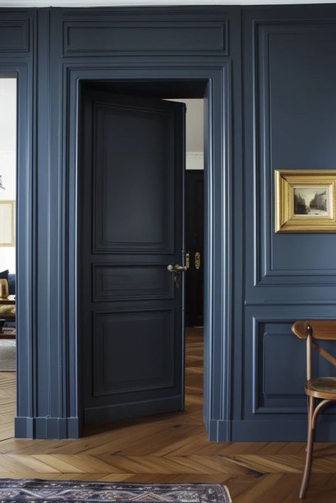 Walls And Doors Same Color, Navy Interior Doors, Painted Doors Interior Creative, Interior Design Color Palettes, Interior Door Color Ideas, Paint Doors Interior, Interior Door Colors Ideas, Door Color Ideas, Interior Door Color