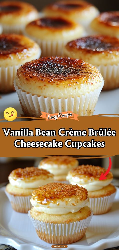 These cupcakes merge the elegance of crème brûlée with the creaminess of cheesecake, featuring a rich vanilla bean flavor that's simply irresistible. #CheesecakeCupcakes #VanillaBean #LuxuryDessert Creme Brûlée Cupcakes, Vanilla Bean Creme Brulee Cheesecake, Vanilla Bean Crème Brûlée Cheesecake Cupcakes, Recipes Using Vanilla Beans, Vanilla Bean Crème Brûlée Cupcakes, Vanilla Bean Paste Recipe Desserts, Vanilla Bean Desserts, Cream Brulee Cheesecake, Creme Brulee Cupcakes