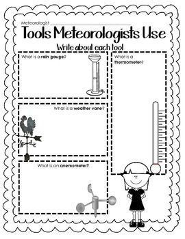 Day 3: This+worksheet+is+great+for+a+review+or+inquiry+into+weather.+Students+can+learn+all+about+the+different+tools+meteorologists+use.+Students+can+see+a+picture+and+talk+about+what+each+tool+does.+ Weather 1st Grade, Meteorologist For Kids, Cloud Worksheet, February Weather, Weather Activities For Kids, Teaching Weather, Weather Tools, Weather Lessons, Preschool Weather