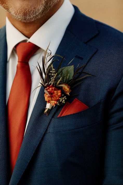 Rust And Blue Wedding Flowers, Navy Autumn Wedding, Fall Wedding Burnt Orange And Navy, Navy And Rust Suit, Rust Orange Groomsmen Attire, Navy Blue And Rust Groomsmen, Navy And Rust Groomsmen, Blue Suit Fall Wedding, Fall Groom Suit Ideas