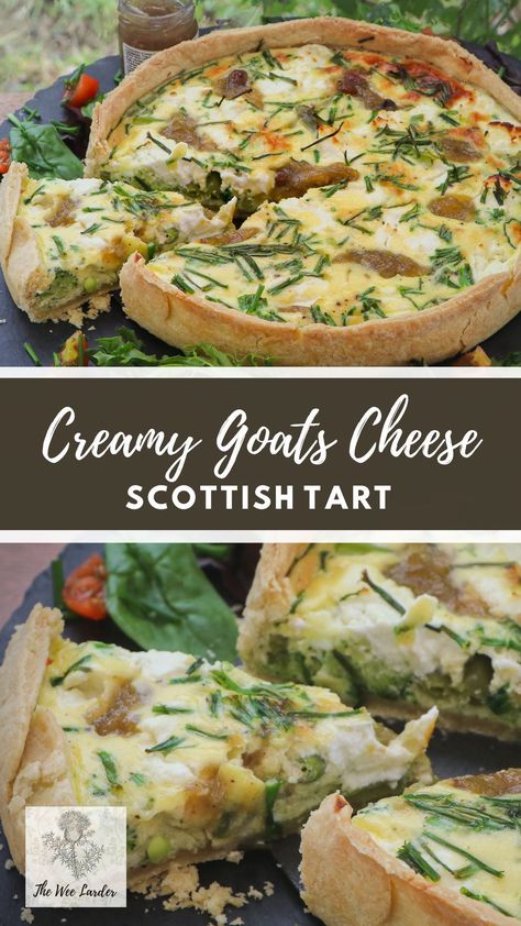 This delicious Creamy Goat's Cheese Tart is right up there with our favourite Summer recipes and is enjoyed by the whole family. The delicious creamy goat's cheese and vegetable filling works really well with the homemade flaky buttery pastry. This is an easy but lovely Summer treat to share with everyone and is perfect for taking chilled on a picnic. Celtic Cooking, Summer Family Recipes, English Tea Recipes, Scottish Autumn, Goats Cheese Tart, Tarts Savory, Haggis Recipe, Tart Recipes Savory, Farmhouse Cooking