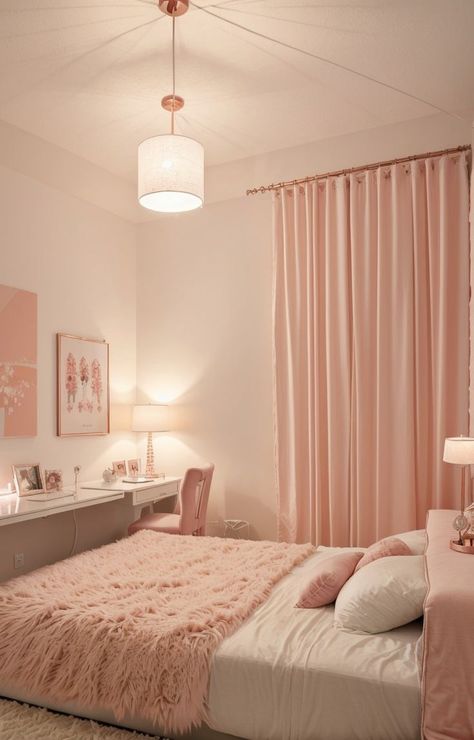 White Girls Bedroom, White Gold Bedroom, Gold Girls Room, Light Pink Rooms, Desk For Girls Room, Light Pink Bedrooms, Rose Gold Bedroom, Gaming Aesthetic, Gaming Bedroom