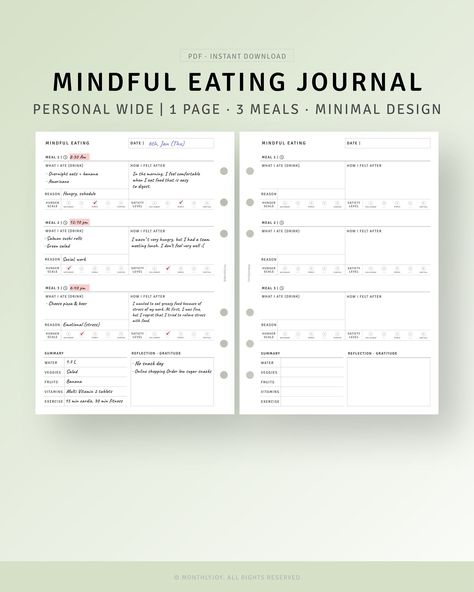 Track your food intake, moods, and symptoms with this printable mindful eating food journal. Includes customizable wide inserts, a food log tracker, and a food sensitivities diary. Perfect for intuitive eating, weight loss, and general health. #mindfuleating #foodjournal #diet_planner Food And Exercise Journal, Food Diary Bullet Journal, Wl Journal, Food Tracking Journal, Food Sensitivity Journal, Food Journal Ideas, Diary Tracker, Eating Diary, Meal Diary