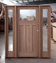 Wooden Front Door With Side Lights, Front Doors With Transom Windows, Wood Entry Door With Sidelights, Natural Wood Front Door With Sidelights, Wood Door Sidelights, Solid Front Door With Side Windows, Front Door On Ranch Style Home, Wood Exterior Door With Side Lights, Solid Wood Front Door With Sidelights