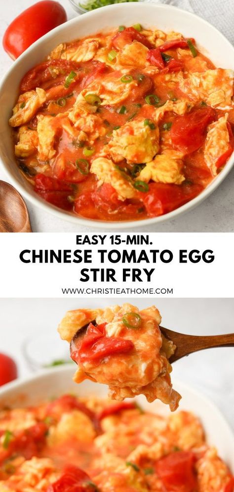 15-min. Easy Chinese Tomato Egg Stir-Fry. Soft silky eggs stir fried in a sweet tangy tomato sauce with green onions. A fantastic dish for dinner or lunch and often served with steamed rice. #tomato and egg recipes #chinese food #chinese dish #chinese recipe #eggs Asian Egg Recipe, Tomato Egg Recipe, Egg Stir Fry, Tomato And Egg, Egg Recipes For Dinner, Tomato Egg, Recipes Chinese, Eggs Dinner, Asian Breakfast